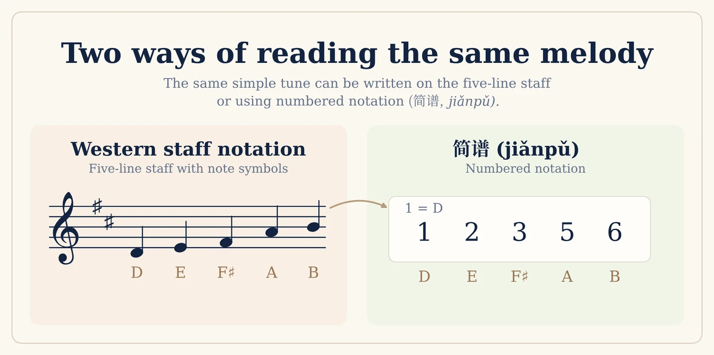 Comparison of Western five-line staff notation and jianpu numbered notation in D major, showing the same notes as D E F♯ A B and, with 1 = D, as 1 2 3 5 6.